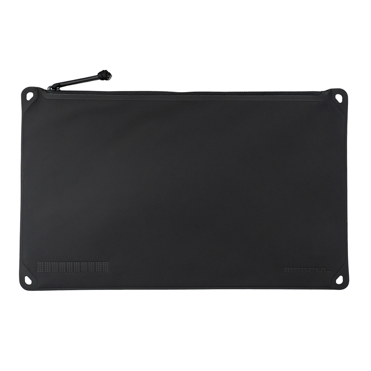 Black zippered pouch on a white background