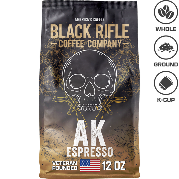 Black Rifle Coffee AK Espresso (Medium Roast) Whole Bean Coffee, 12 Ounce Bag of Coffee Beans, Colombian and Brazilian Beans With a Nutty Aroma and